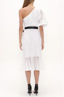 White One shoulder balloon sleeve midi dress 93073