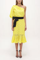 Yellow One shoulder balloon sleeve midi dress 93073