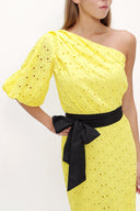 Yellow One shoulder balloon sleeve midi dress 93073