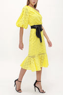 Yellow One shoulder balloon sleeve midi dress 93073
