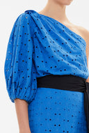 Blue One shoulder balloon sleeve midi dress 93073