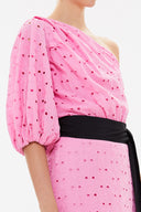 Pink One shoulder balloon sleeve midi dress 93073