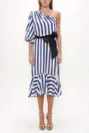 Navy Blue One shoulder godet midi dress 92802