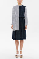 Navy Blue stripid fabric combined button midi dress 92805