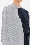 Navy Blue stripid fabric combined button midi dress 92805