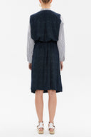 Navy Blue stripid fabric combined button midi dress 92805