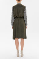 Khaki stripid fabric combined button midi dress 92805