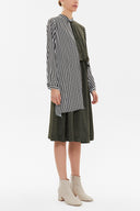 Khaki stripid fabric combined button midi dress 92805