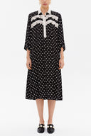 Black Button ruffle ribbon wide cut midi dress 92806