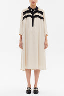 Beige Button ruffle ribbon wide cut midi dress 92806