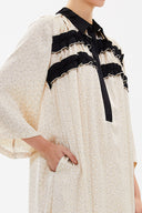 Beige Button ruffle ribbon wide cut midi dress 92806