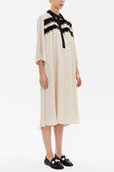 Beige Button ruffle ribbon wide cut midi dress 92806