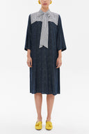 Navy Blue Lace-up neck wide cut midi dress 92816