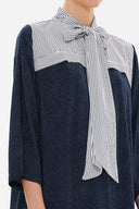 Navy Blue Lace-up neck wide cut midi dress 92816