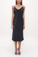 Navy Blue Degage collar spaghetti straps midi dress 92844