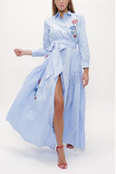 Light Blue Embroidered, lace-up Pleated maxi dress 92917