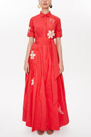 Red Embroidered, lace-up Pleated maxi dress 92917