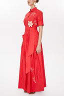 Red Embroidered, lace-up Pleated maxi dress 92917