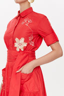 Red Embroidered, lace-up Pleated maxi dress 92917