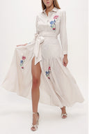 Beige Embroidered, lace-up Pleated maxi dress 92917