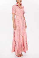 Salmon Embroidered, lace-up Pleated maxi dress 92917