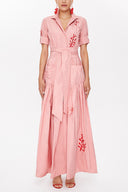 Salmon Embroidered, lace-up Pleated maxi dress 92917