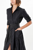 Black Pocket And Elastic Shirt Dress 92958