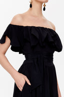 Black Front ruffled off shoulder maxi dress 93005