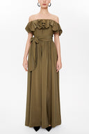 Khaki Front ruffled off shoulder maxi dress 93005