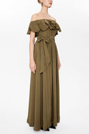 Khaki Front ruffled off shoulder maxi dress 93005
