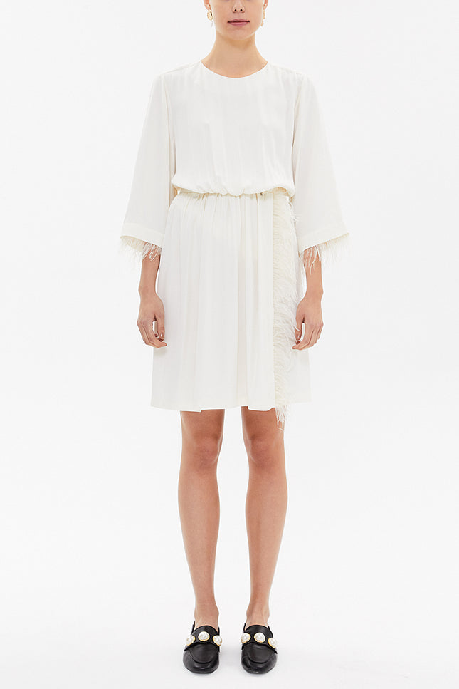 Ecru Feathered and slit mini dress 93008