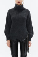 Anthracite Turtleneck detail knit sweater with tassels 19816