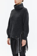Anthracite Turtleneck detail knit sweater with tassels 19816