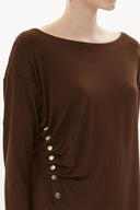 Brown Asymmetric snap fastener detail blouse 19818