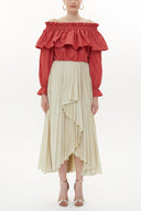 Red Shoulder  elastic  balloon sleeve  crop blouse   19821