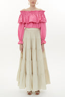 Pink Shoulder  elastic  balloon sleeve  crop blouse   19821