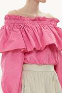 Pink Shoulder  elastic  balloon sleeve  crop blouse   19821