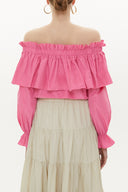 Pink Shoulder  elastic  balloon sleeve  crop blouse   19821