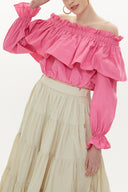 Pink Shoulder  elastic  balloon sleeve  crop blouse   19821