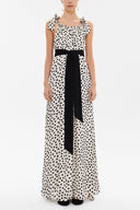 Beige Black Polka Dot Tie shoulder waistband maxi dress 93259