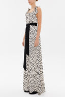 Beige Black Polka Dot Tie shoulder waistband maxi dress 93259