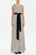 Beige Black Polka Dot Tie shoulder waistband maxi dress 93259