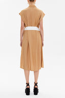 Beige Pleated belted midi dress 93288