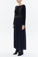 Navy Blue Chain embroidery wide cut maxi dress 93307