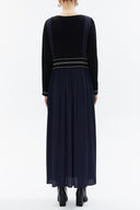 Navy Blue Chain embroidery wide cut maxi dress 93307