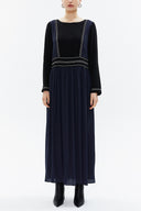 Navy Blue Chain embroidery wide cut maxi dress 93307