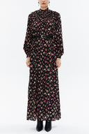 Black Background Floral Printed Turtleneck, belted maxi dress 93309