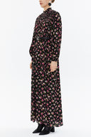 Black Background Floral Printed Turtleneck, belted maxi dress 93309