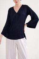 Navy Blue V neck satin boluse 19828