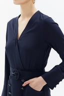 Navy Blue Wrap-over belted midi dress 93322